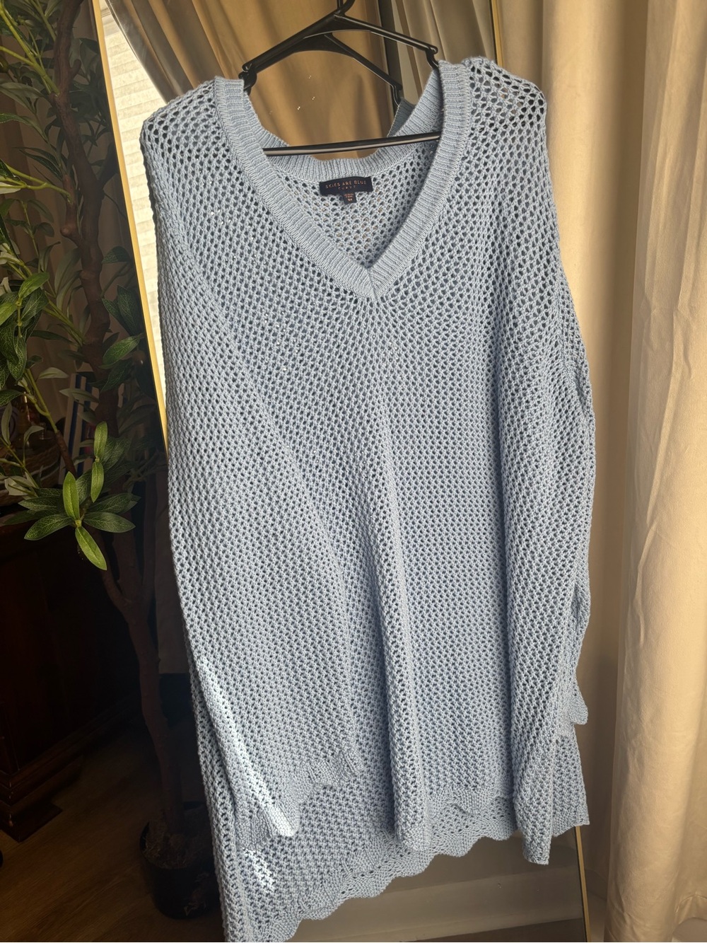 Light Blue Open-Knit V-Neck Sweater